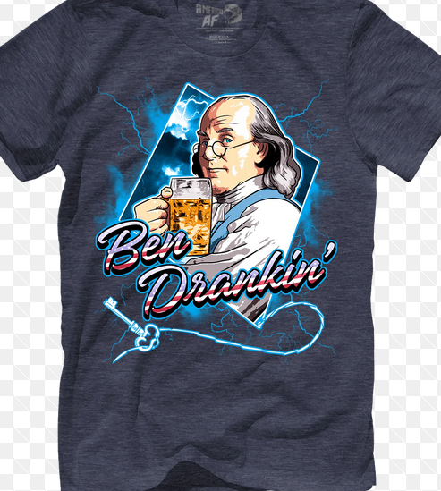 Ben Drankin’ novelty t-shirt design with lightning and a key on a thread.